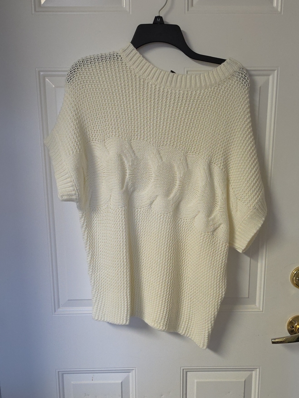 Simple Cream Cable-Front Short-Sleeve Crew Sweater